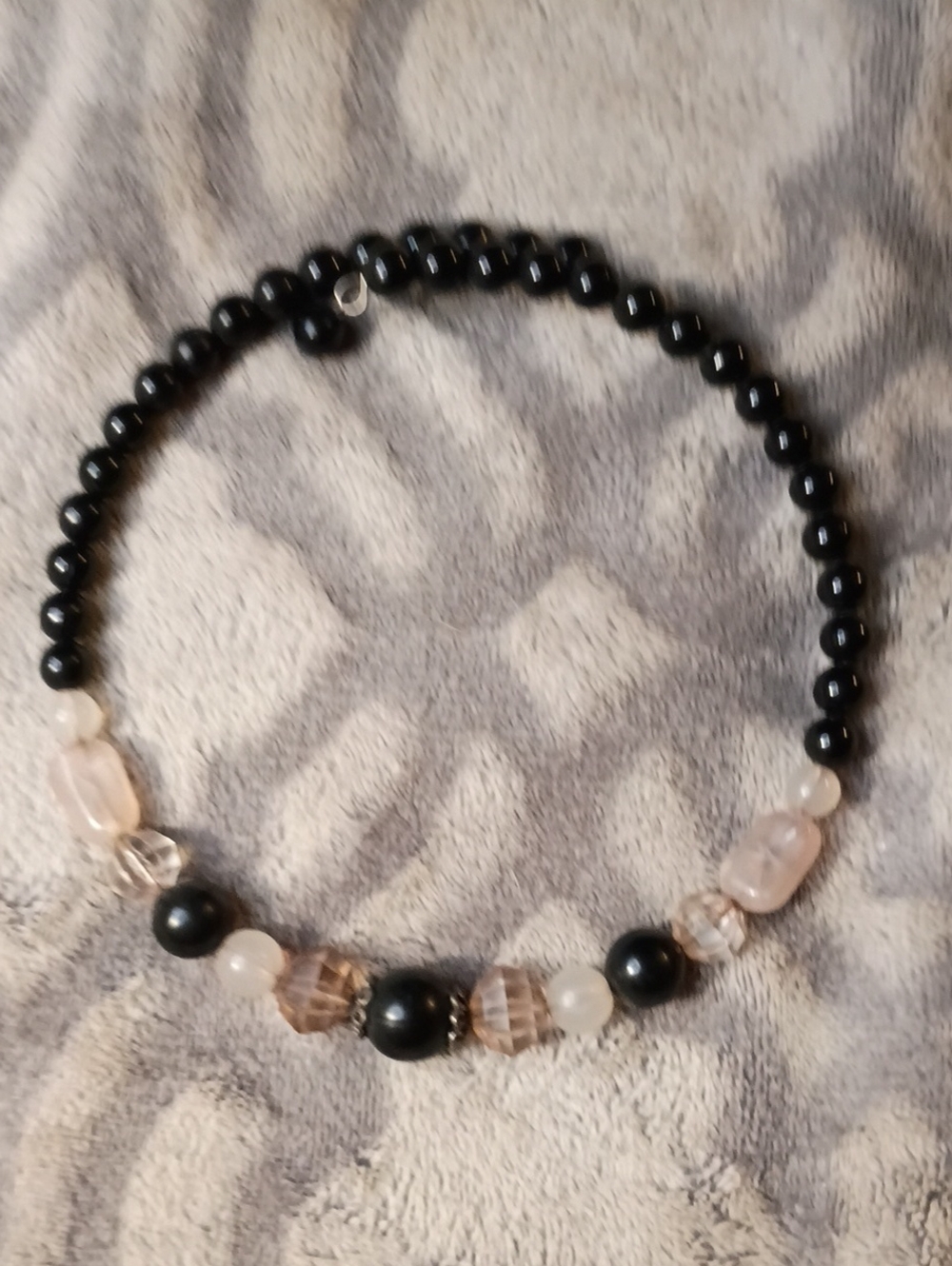Black Beaded Women's Necklace with Rose Quartz and Clear Accent Beads
